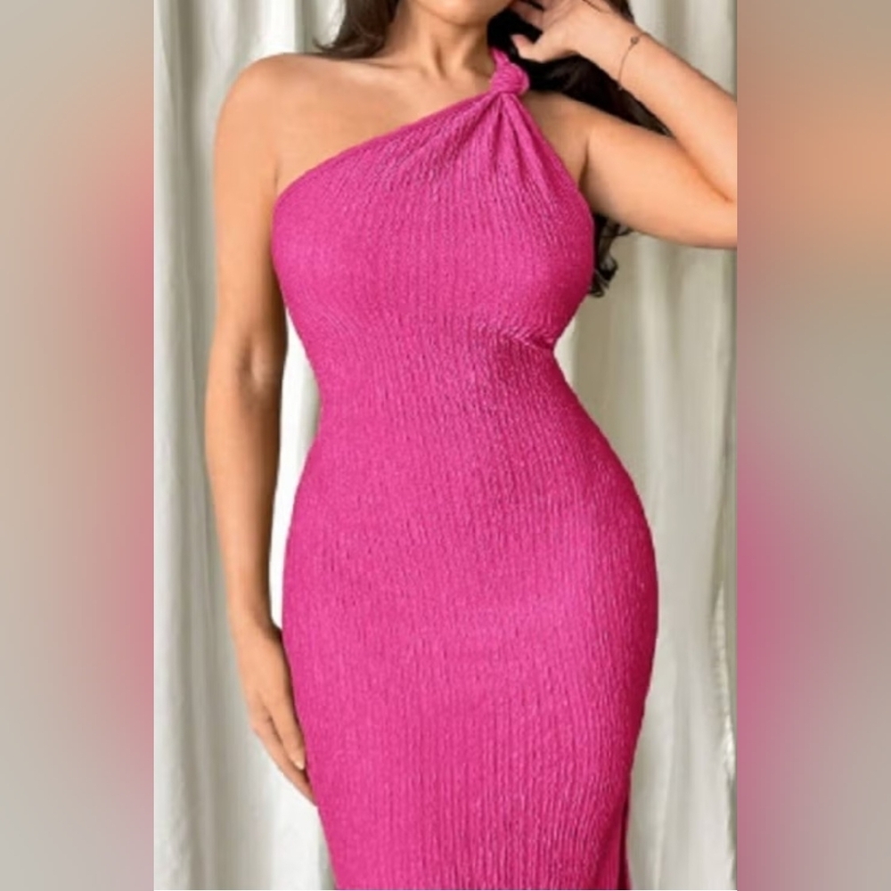 #024.B SHEIN Sz M Mini Dress * Elegant Pink One-Shoulder Dress - Picture 4 of 7